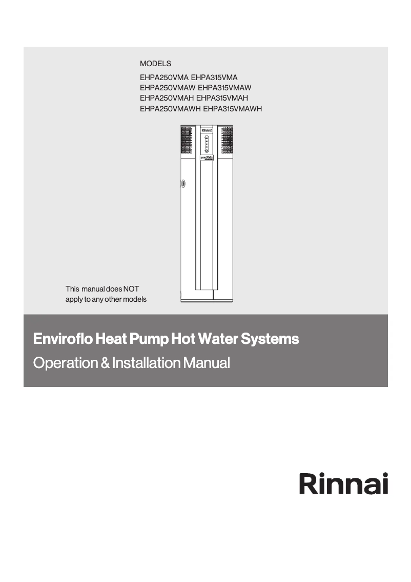 Page 1 of the manual Installation Guide Rinnai EHPA250VMAWH