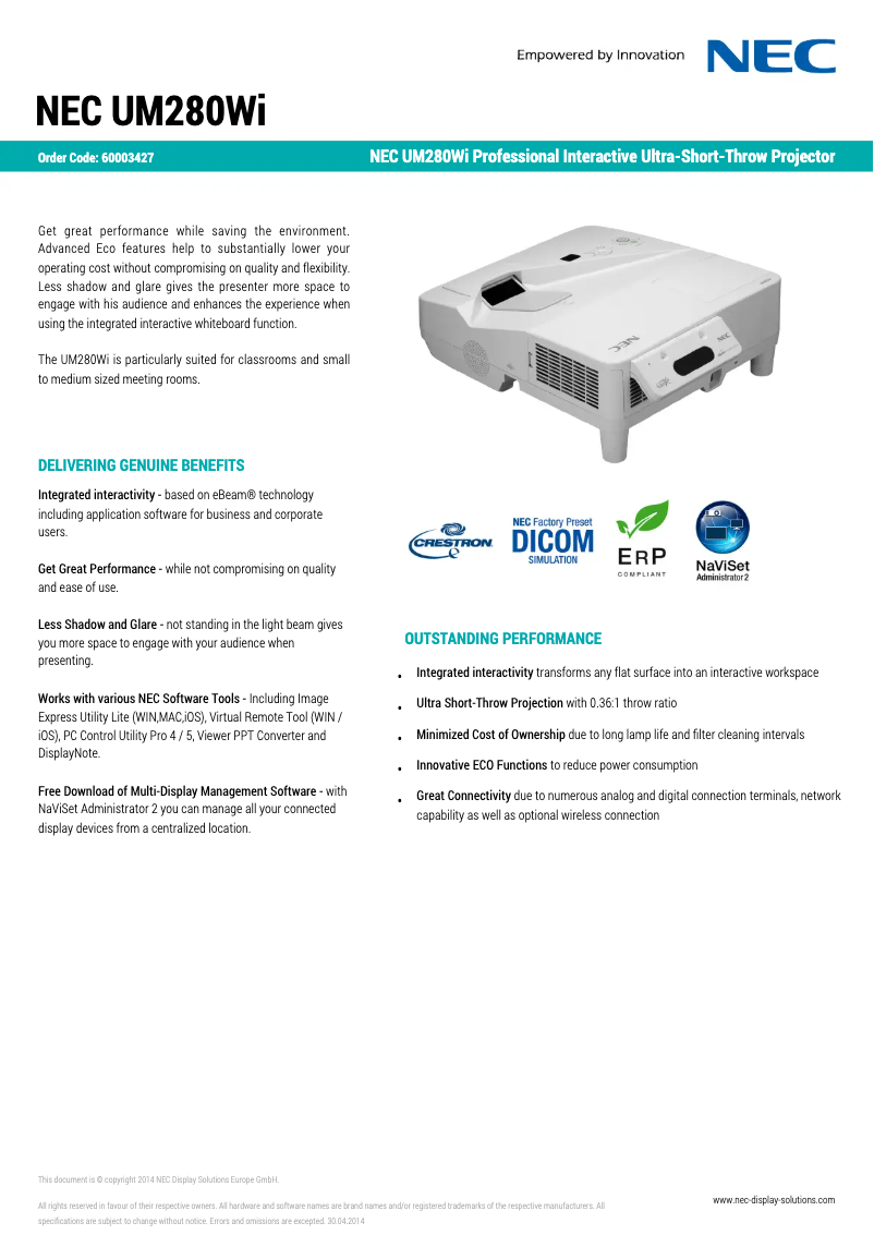 Page 1 of the manual Technical Sheet NEC UM280Wi