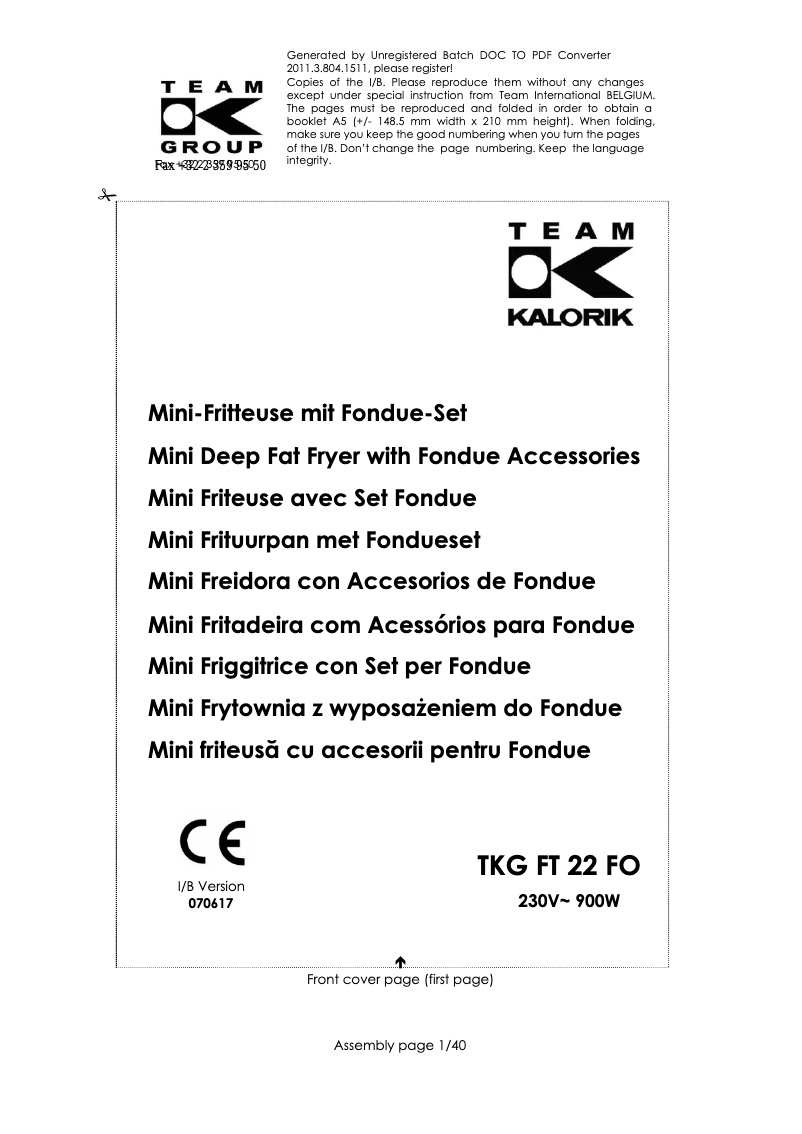 First page image of the manual for TKG FT 22 FO