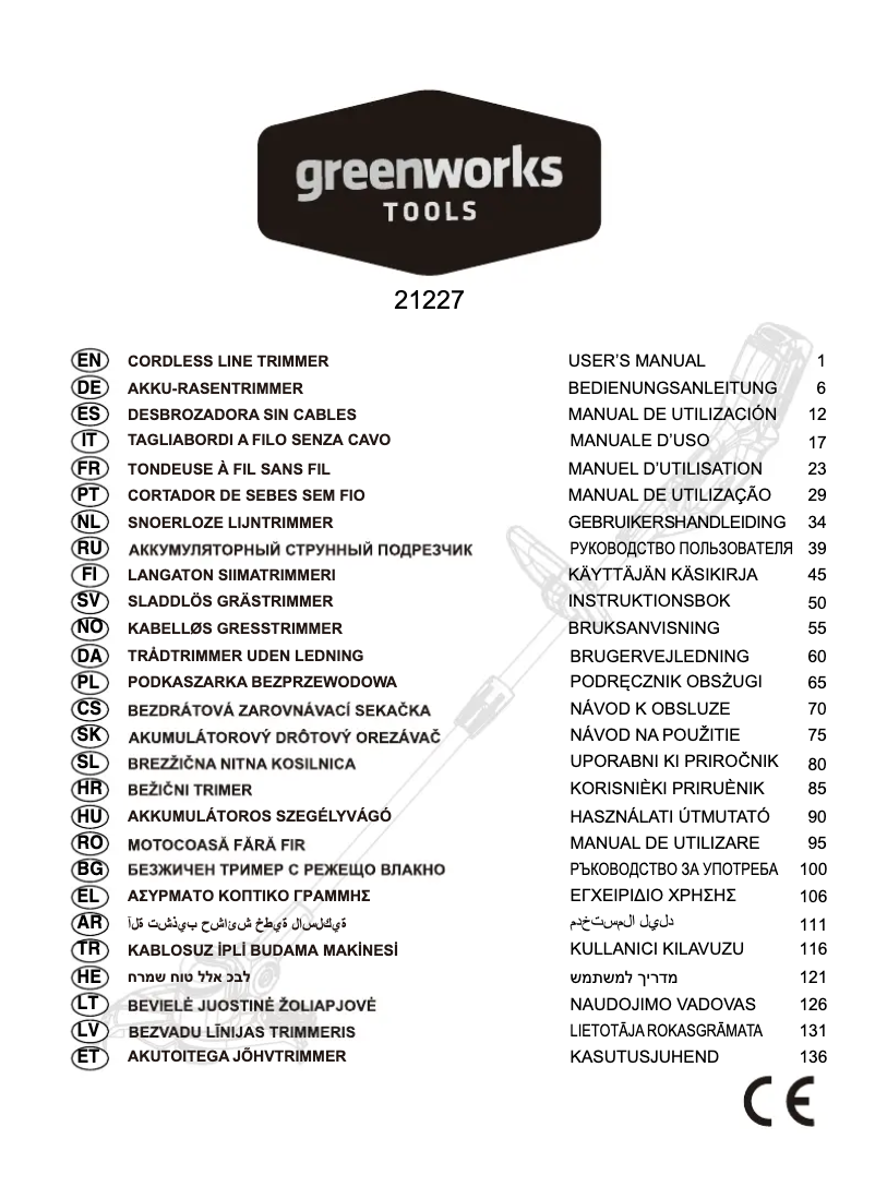 Page 1 of the manual User Manual Greenworks G24LT30MK2 Akku-Rasentrimmer inkl. Akku 2.0Ah