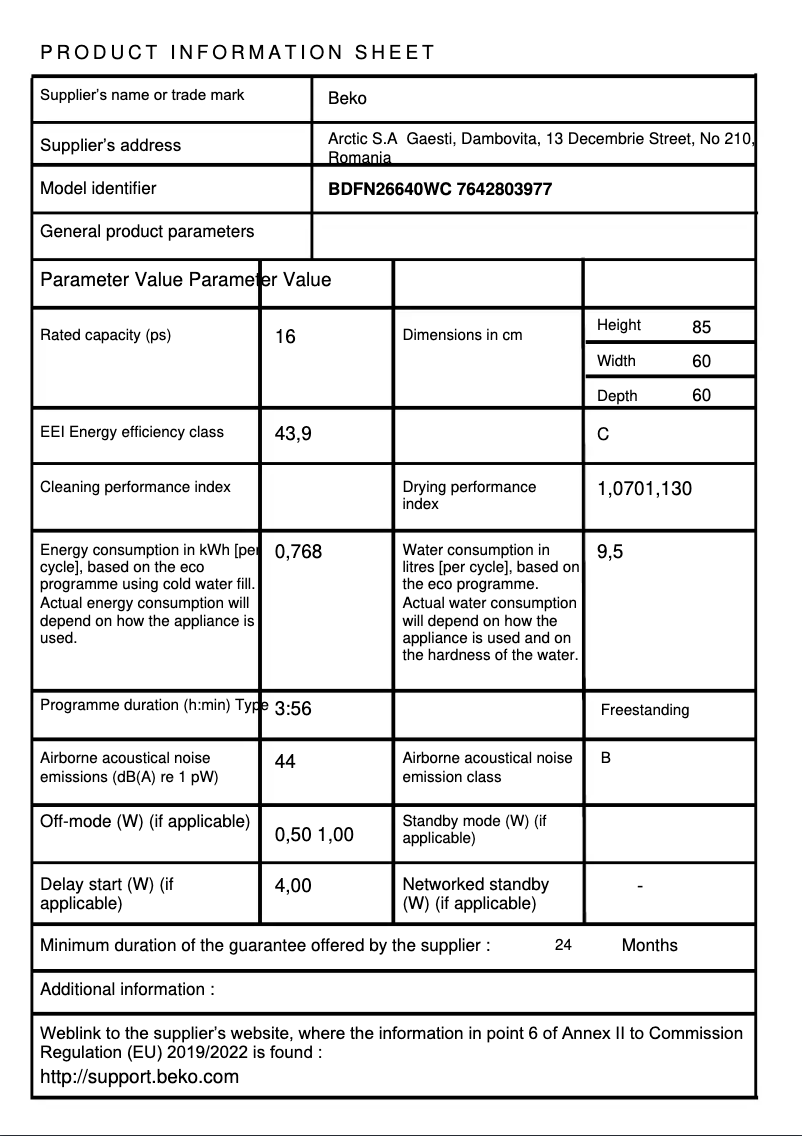 Page 1 of the manual Technical Sheet Beko BDFN26640WC