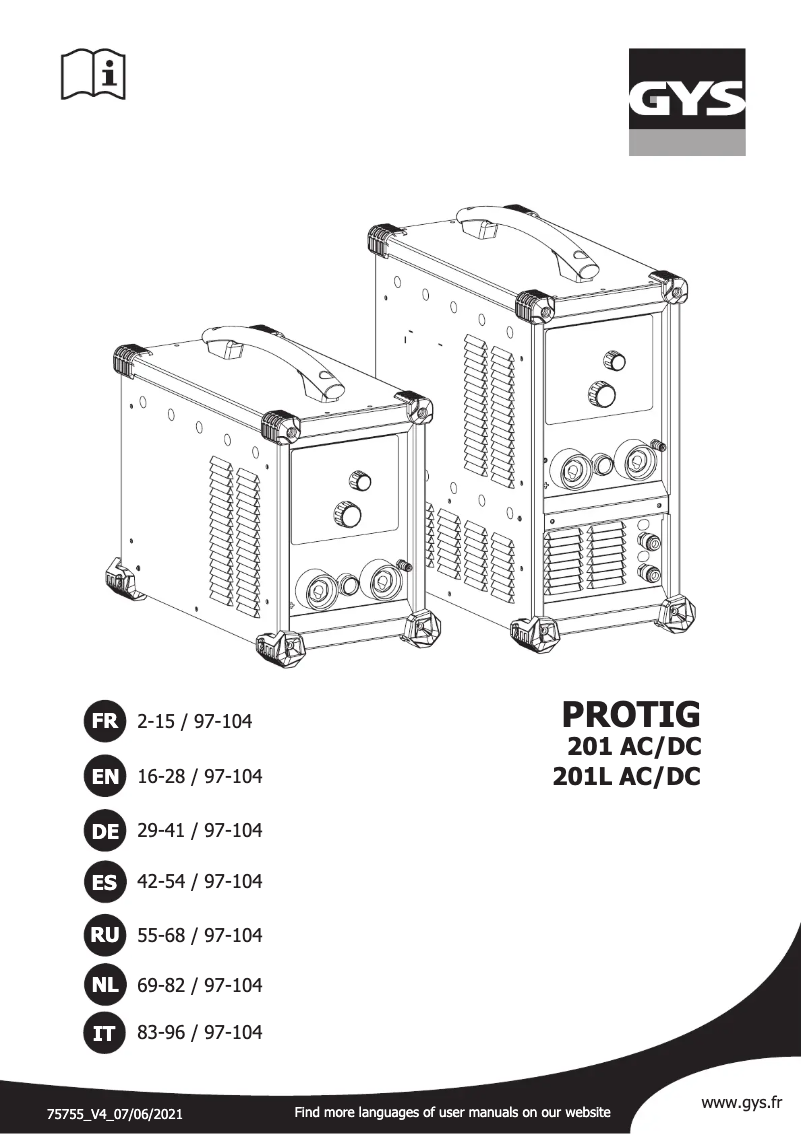 Page 1 of the manual User Manual GYS Protig 201L AC/DC