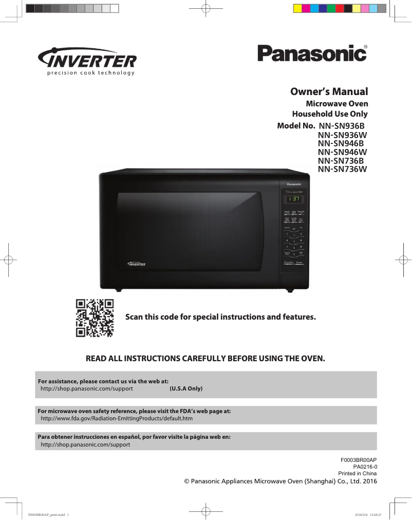 Page 1 of the manual User Manual Panasonic NN-SN936W
