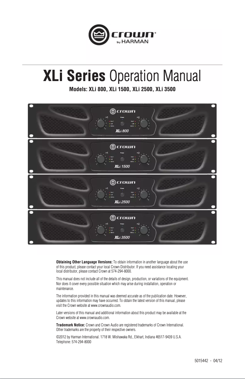 First page image of the manual for XLi 800