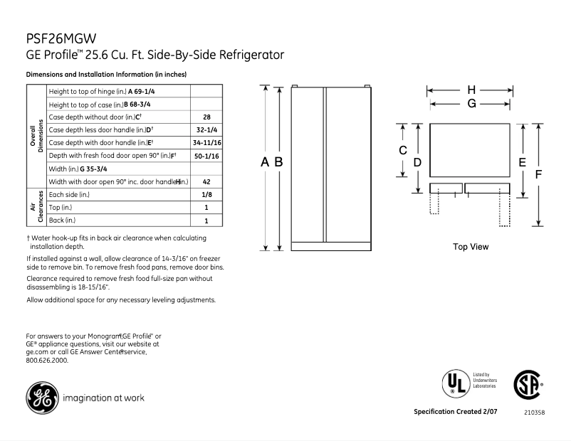 Page 1 of the manual Technical Sheet GE PSF26MGWBB