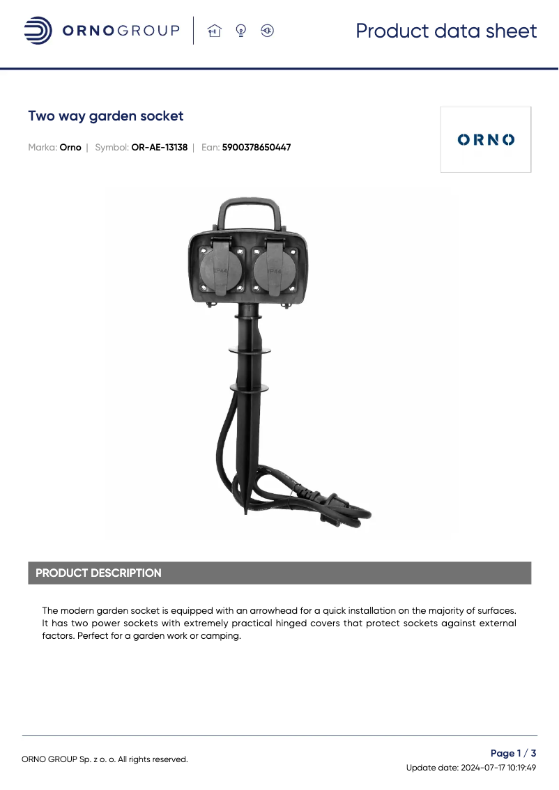 Page 1 of the manual Technical Sheet ORNO OR-AE-13138