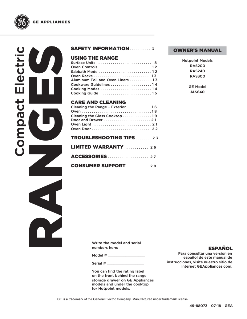 Page 1 of the manual User Manual GE RAS240DMWW