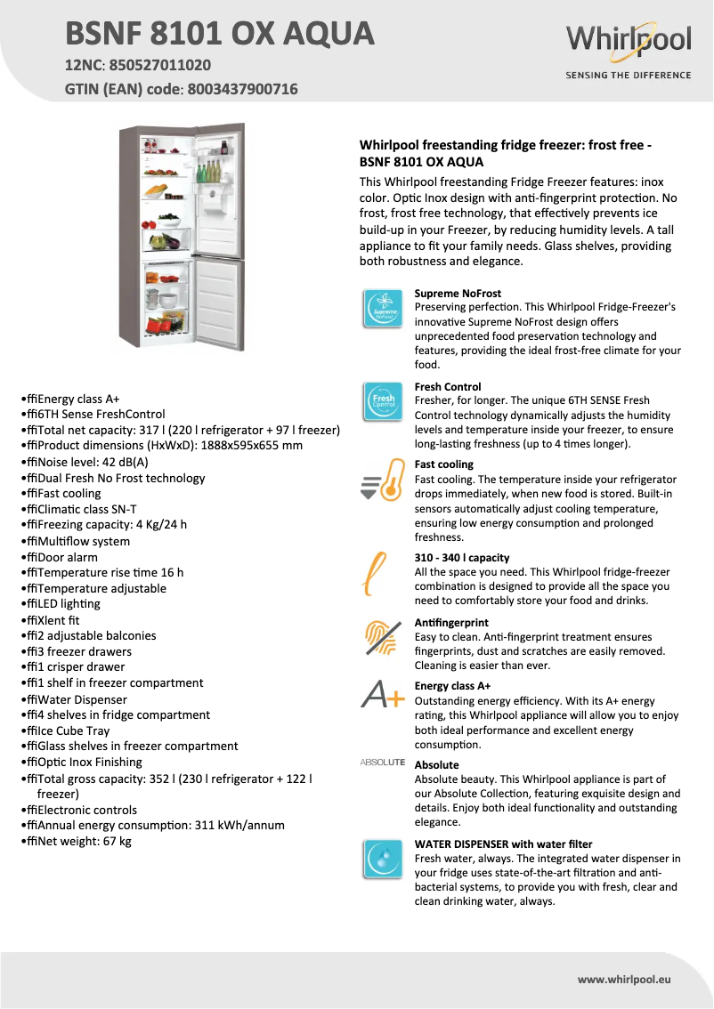 Page 1 of the manual Technical Sheet Whirlpool BSNF 8101 OX AQUA