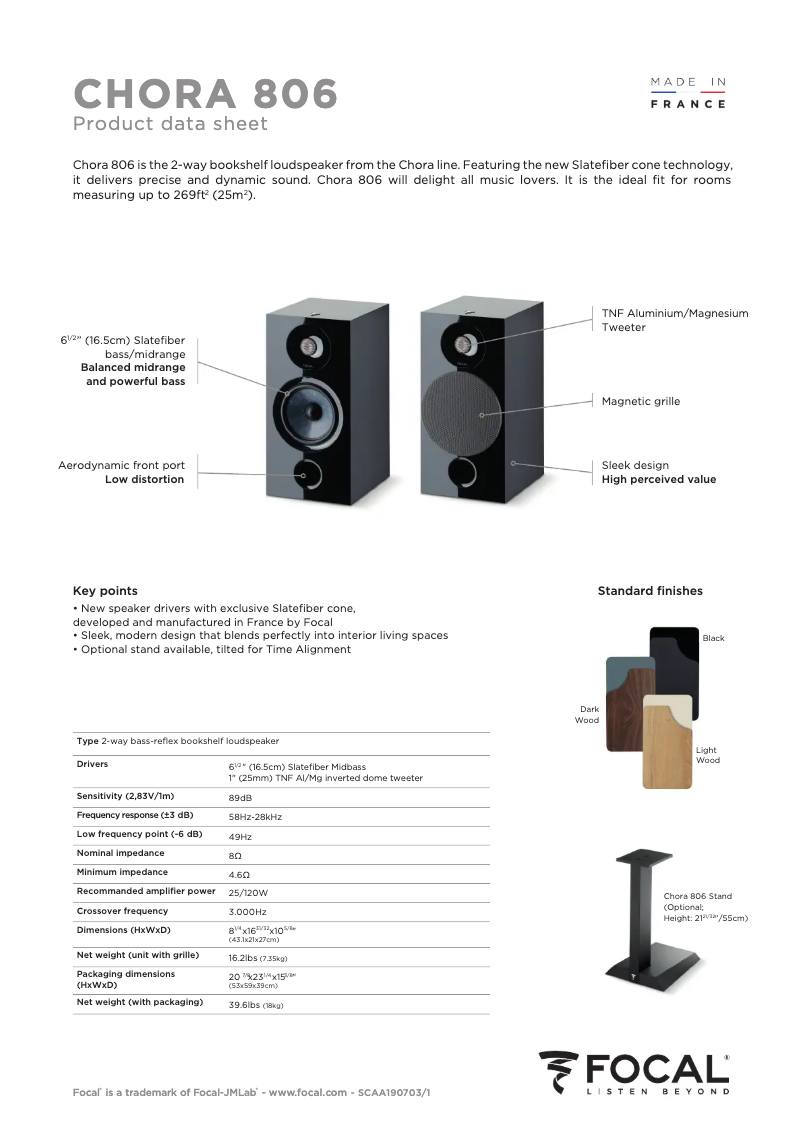 Page 1 of the manual Technical Sheet Focal Chora 806