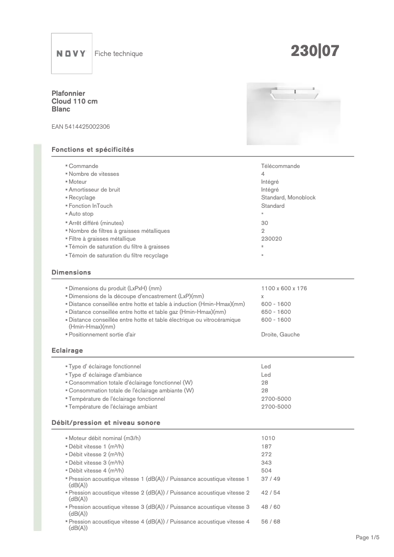 Page 1 of the manual Technical Sheet Novy Cloud 230