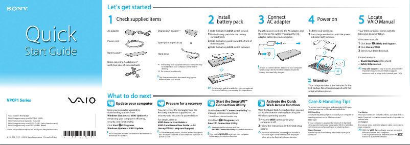 Page 1 of the manual Installation Guide Sony Vaio VPCP114KX