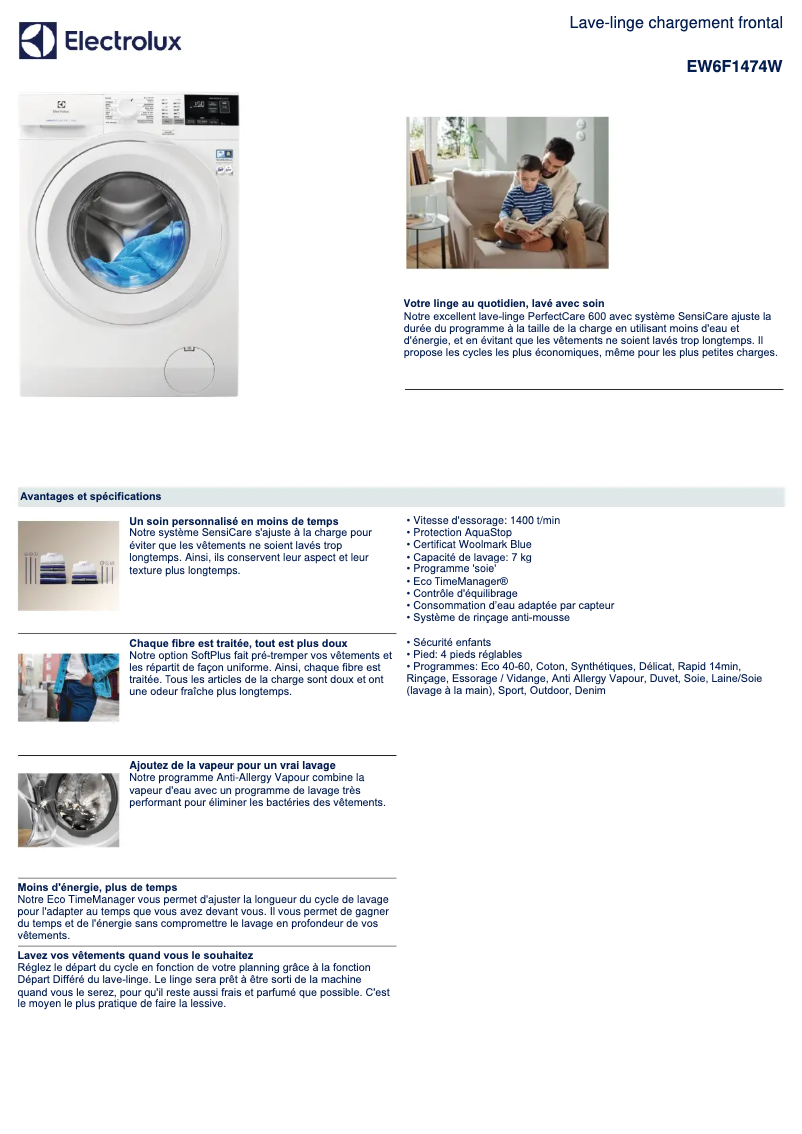 Page 1 of the manual Technical Sheet Electrolux EW6F1474W