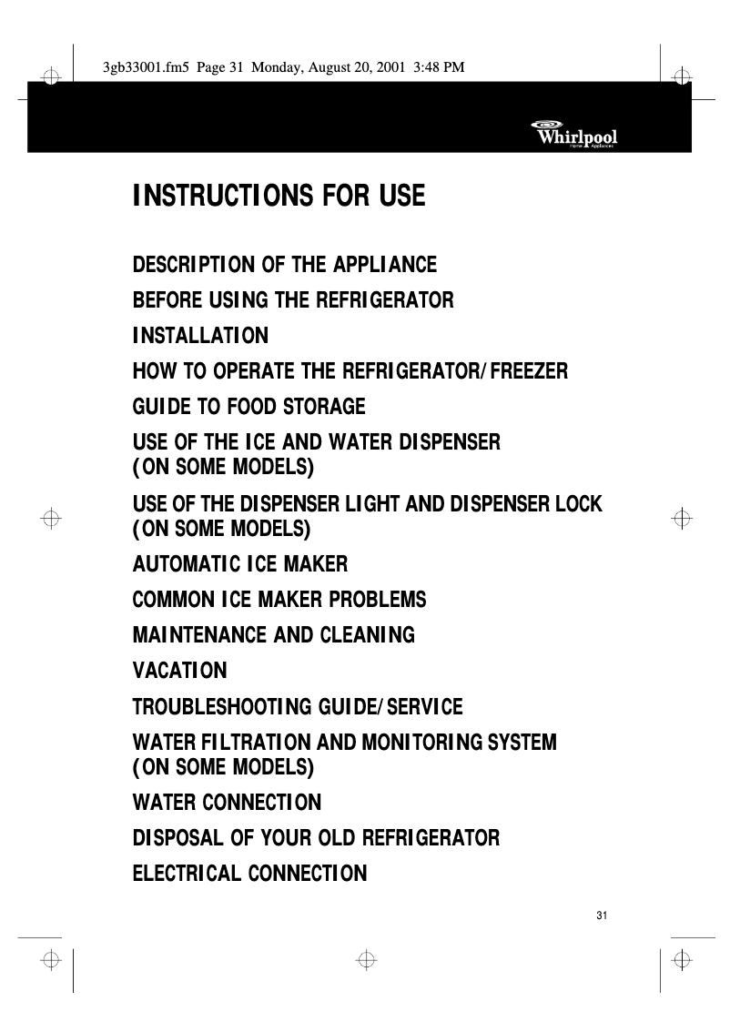 Page 1 of the manual User Manual Whirlpool ART 686/M/BL