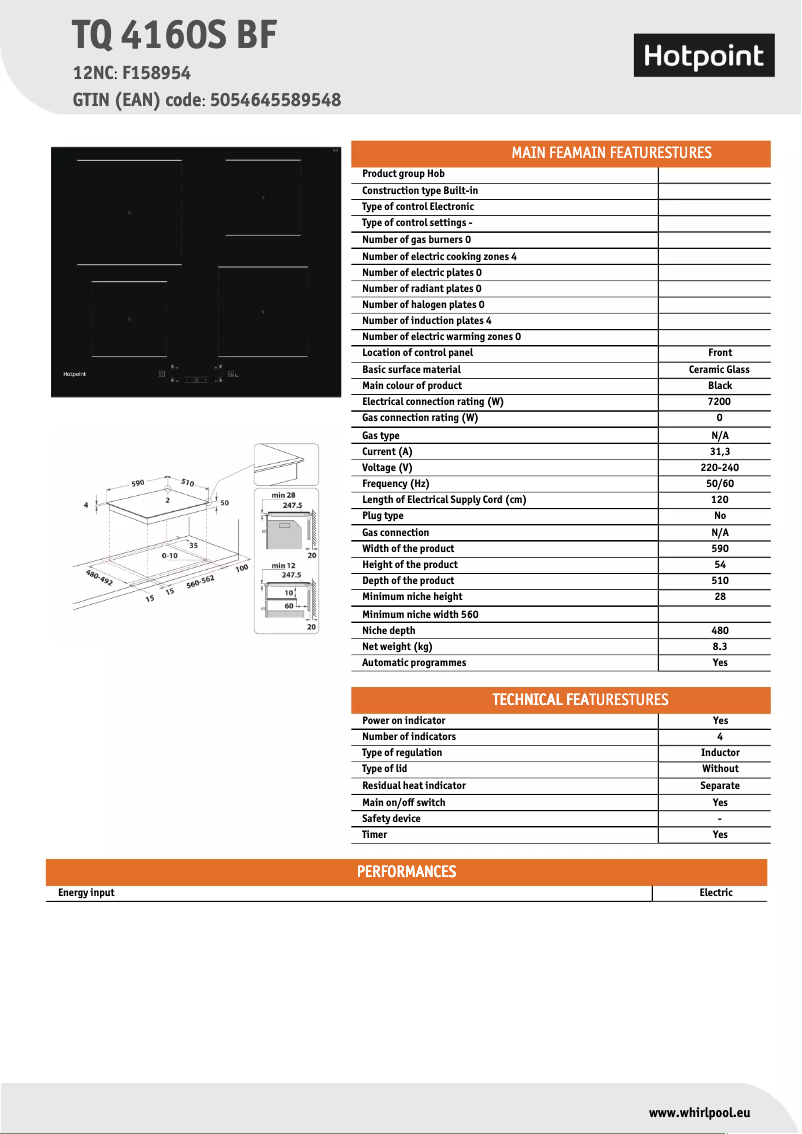 Page 1 of the manual Technical Sheet Hotpoint TQ 4160S BF
