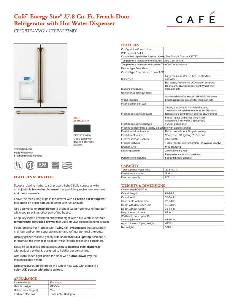 Page 1 of the manual Technical Sheet GE CFE28TP3MD1