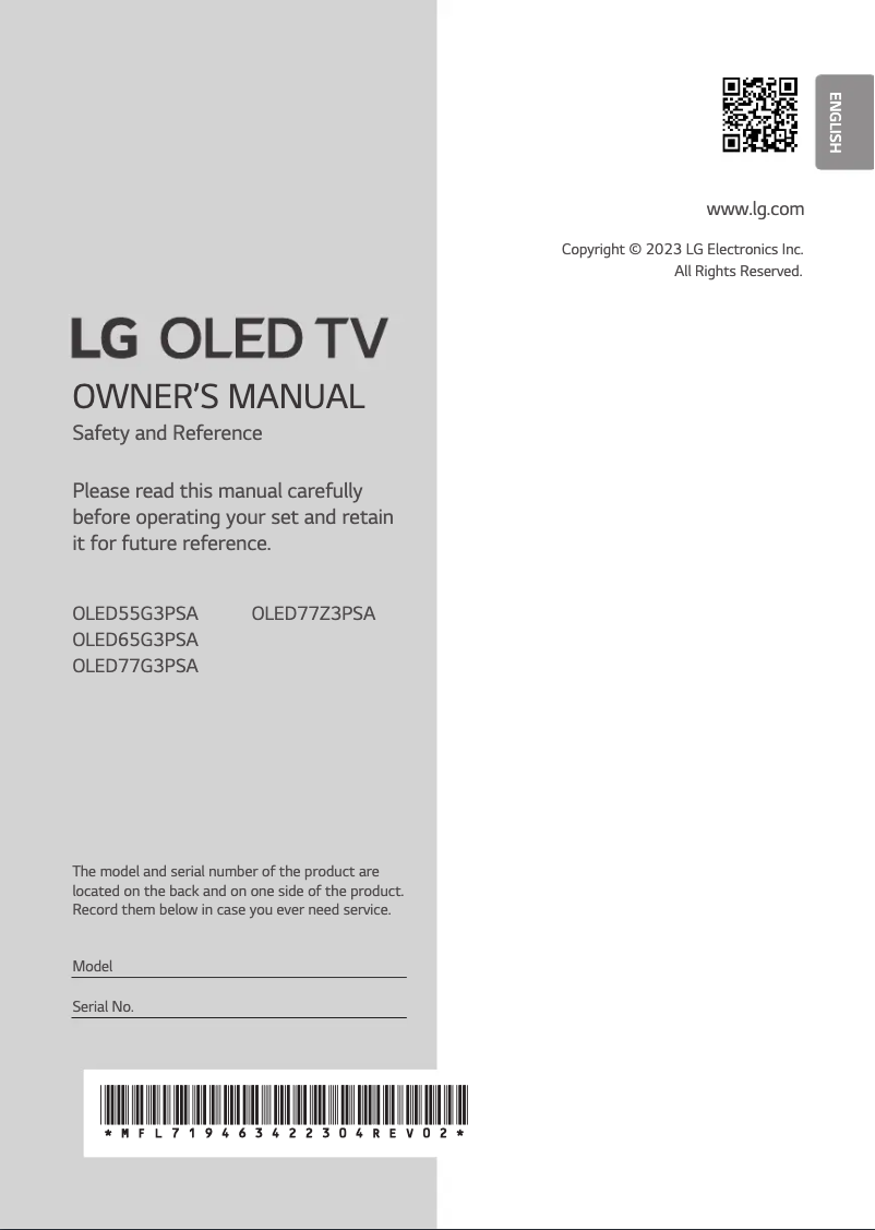 First page image of the manual for OLED65G3PSA