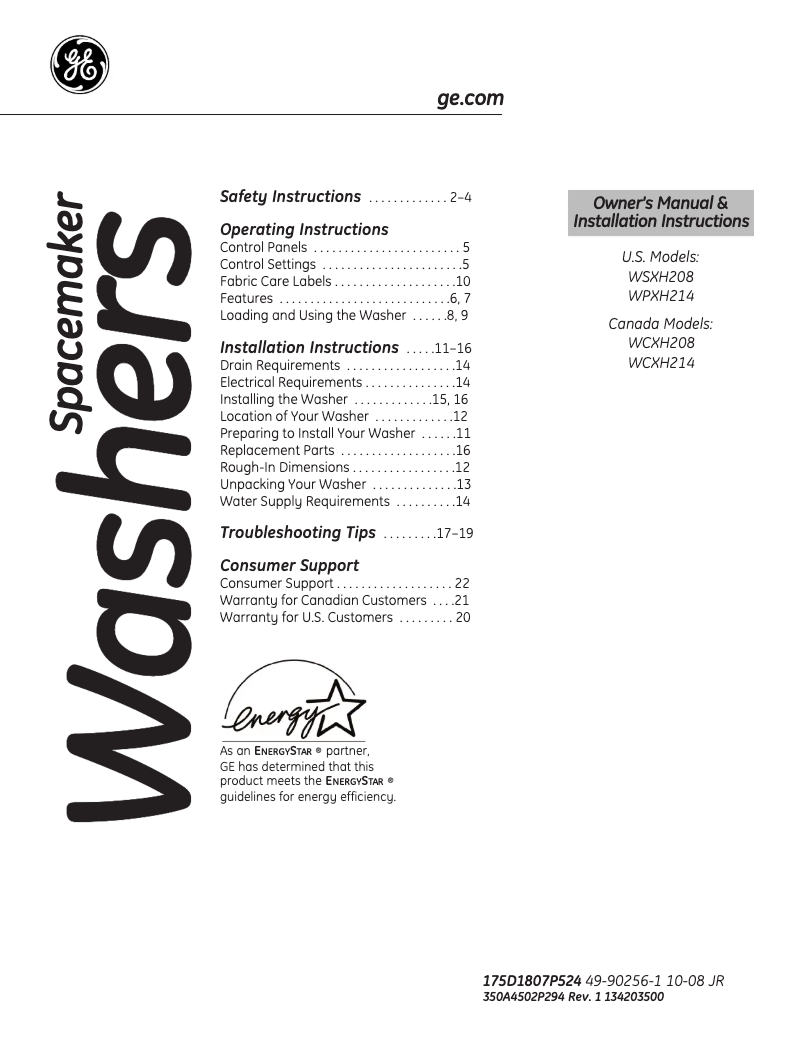 Page 1 of the manual Use and Maintenance Manual GE WSXH208FWW