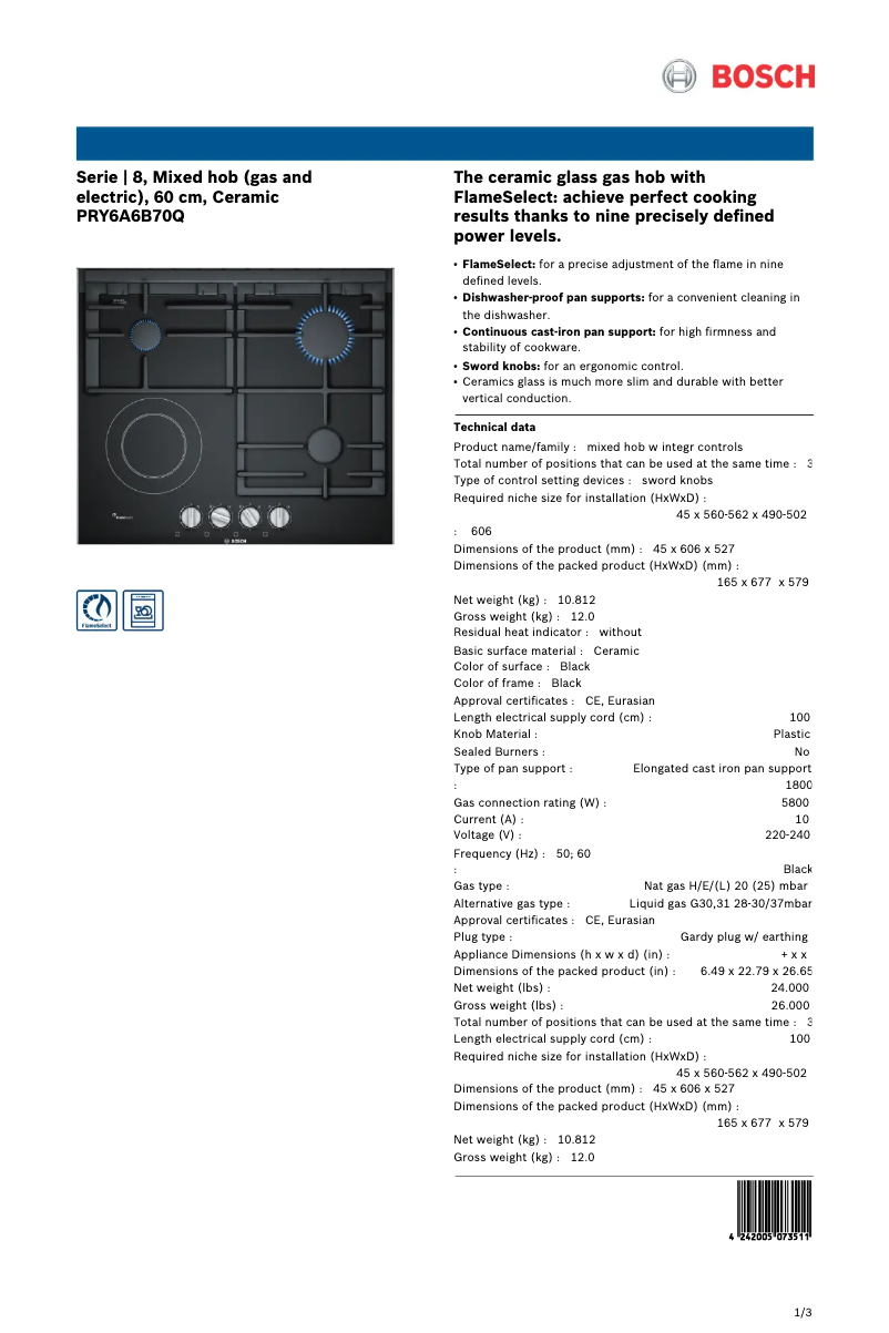 Page 1 of the manual Technical Sheet Bosch PRY6A6B70Q
