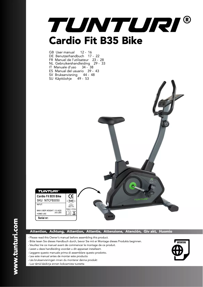 Page 1 de la notice Manuel utilisateur Tunturi Cardio Fit B35 Heavy Bike