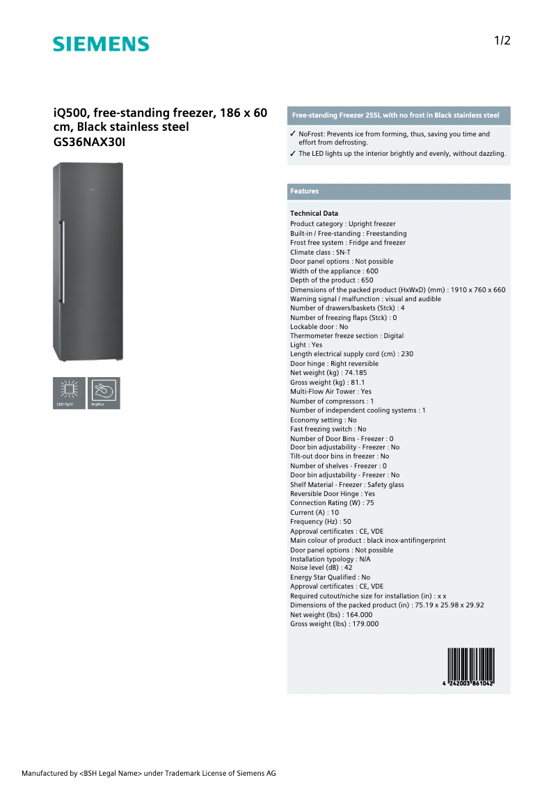 Page 1 of the manual Technical Sheet Siemens GS36NAX30I