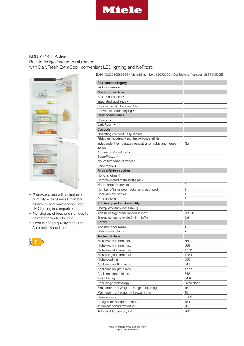 Page 1 of the manual Technical Sheet Miele KDN 7714 E Active