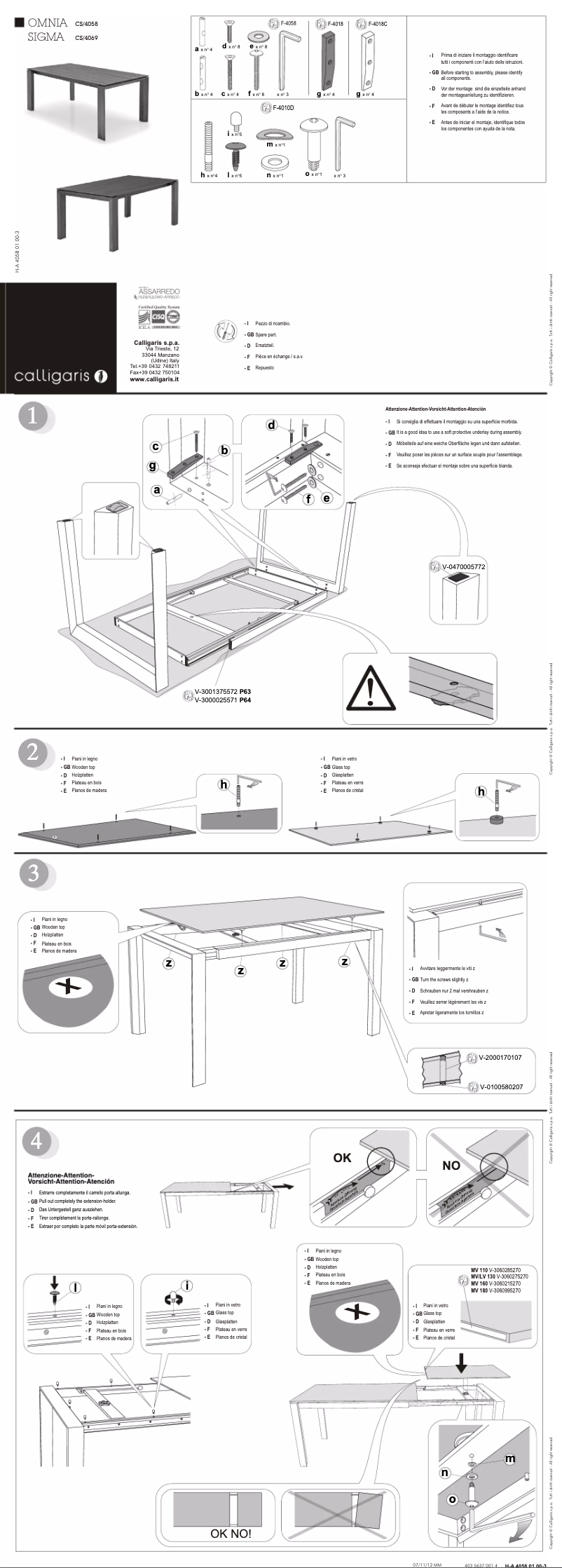 Page 1 of the manual User Manual Calligaris .com SIGMA CS/4069-QLV 140