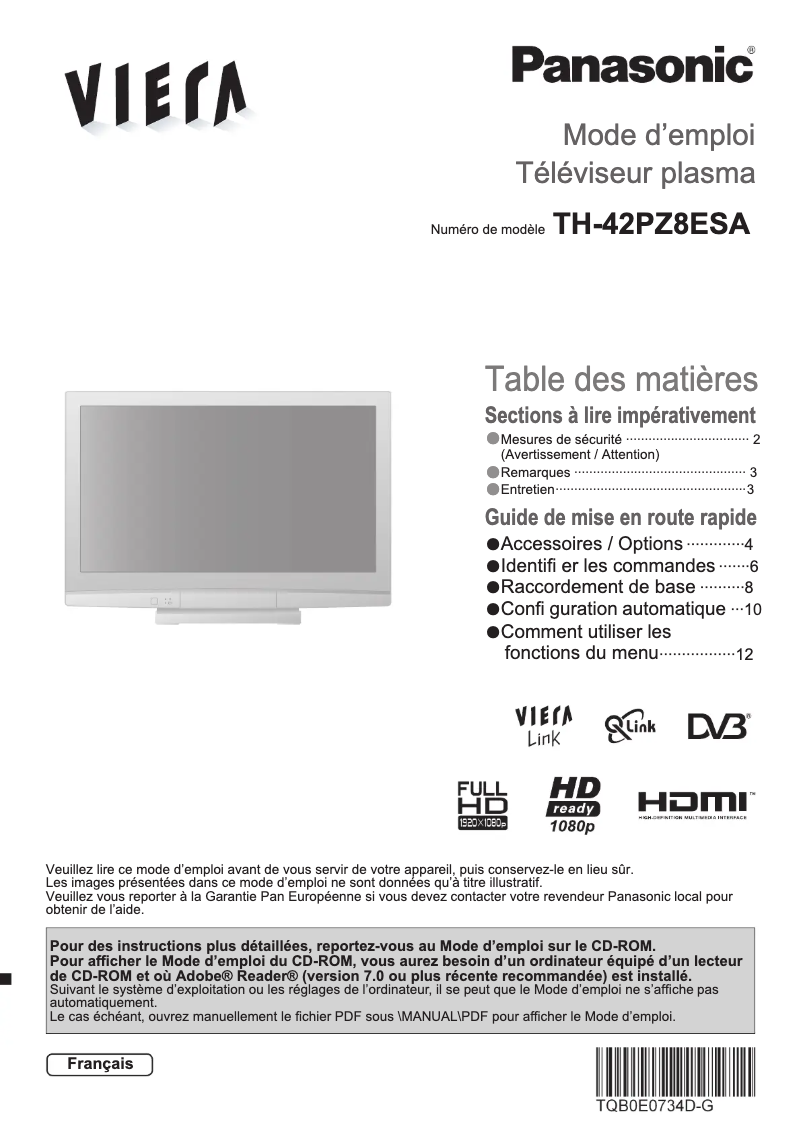 Page 1 of the manual User Manual Panasonic Viera TH-42PZ8ESA