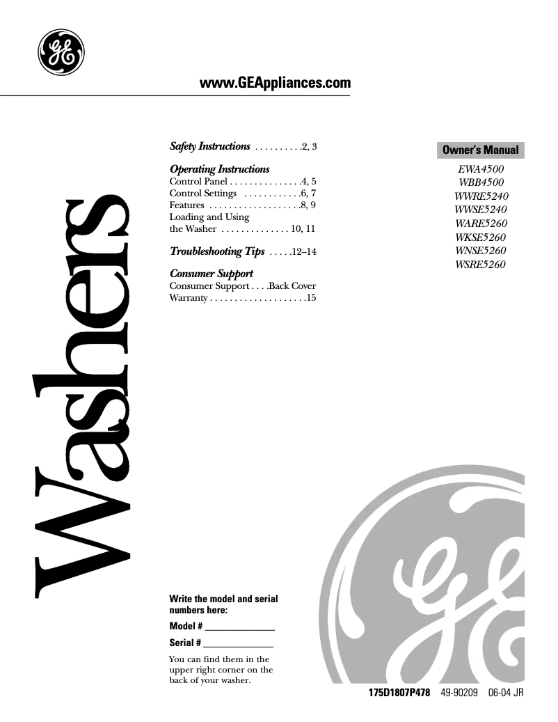 First page image of the manual for WSRE5260DWW