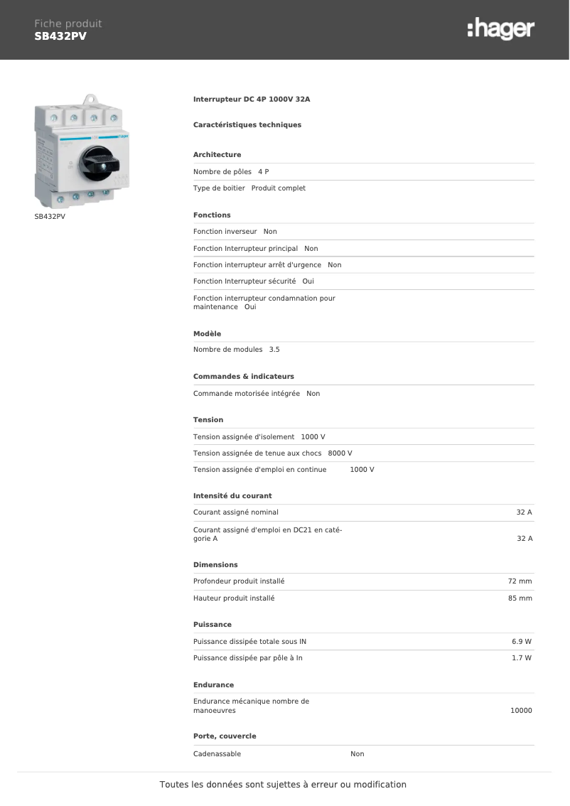 Page 1 of the manual Technical Sheet Hager SB432PV