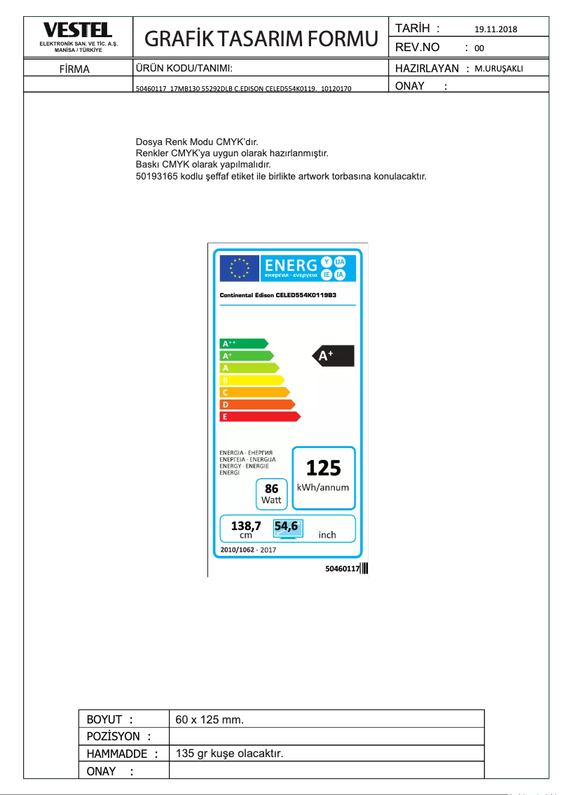 Page 1 of the manual Energy Label Continental Edison CELED554K0119B3
