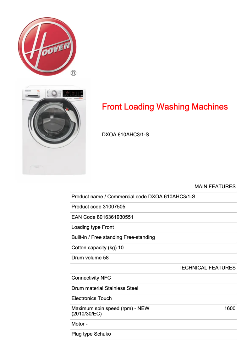 Page 1 of the manual Technical Sheet Hoover Dynamic Next DXOA 610AHC3/1-S