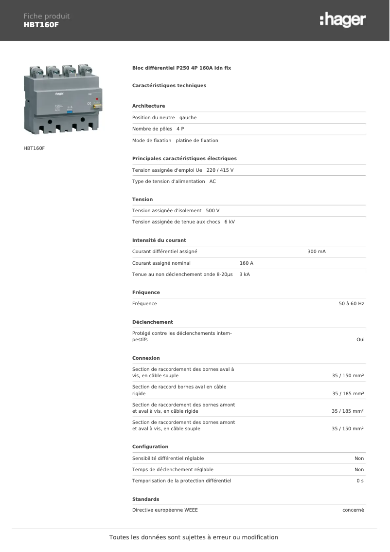 Page 1 of the manual Technical Sheet Hager HBT160F