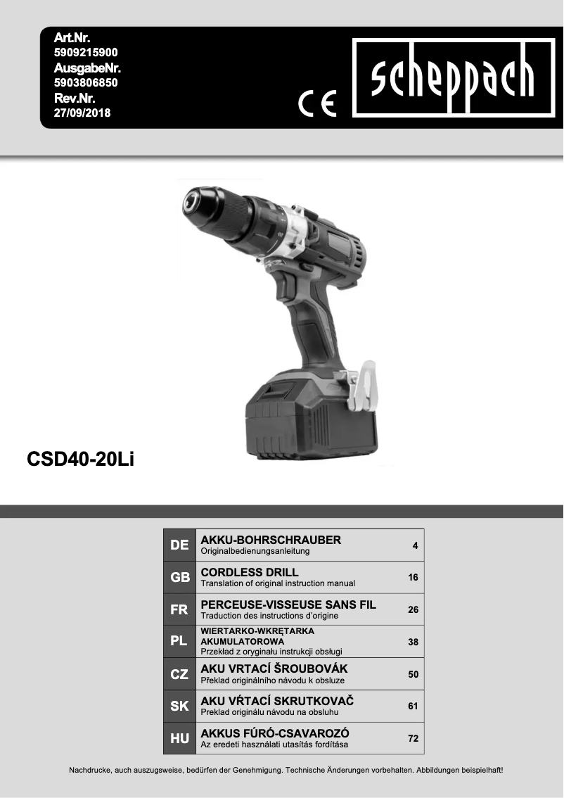 Page 1 of the manual User Manual Scheppach CSD40-20Li