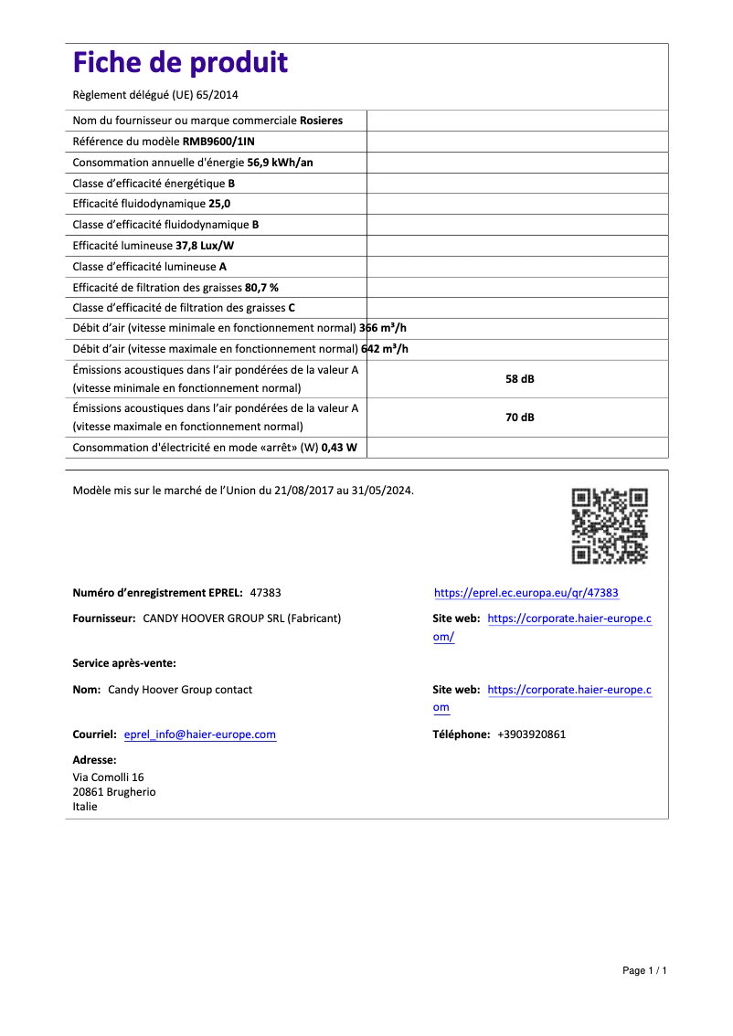 Page 1 of the manual Technical Sheet Rosieres RMB 9600/1 IN