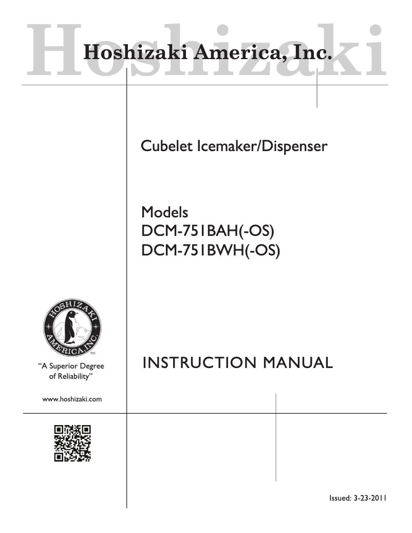 Page 1 of the manual Use and Maintenance Manual Hoshizaki DCM-751BAH-OS