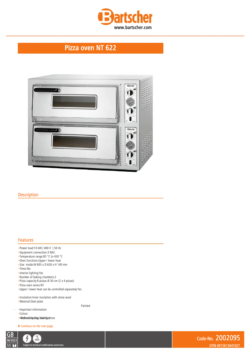 Page 1 of the manual Technical Sheet Bartscher NT 622