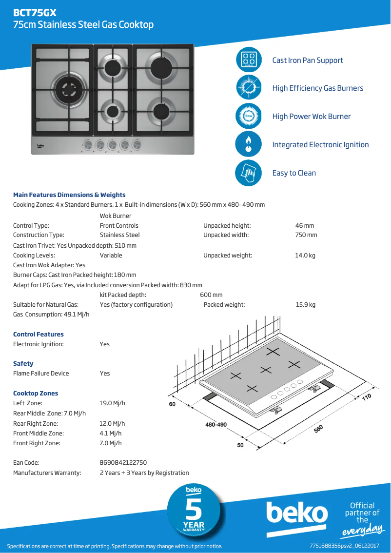 Page 1 of the manual Technical Sheet Beko BCT75GX
