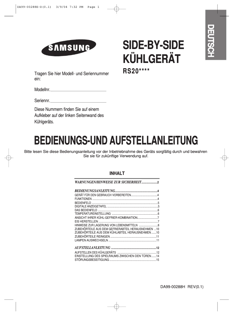 Page 1 of the manual User Manual Samsung RS20CCLS