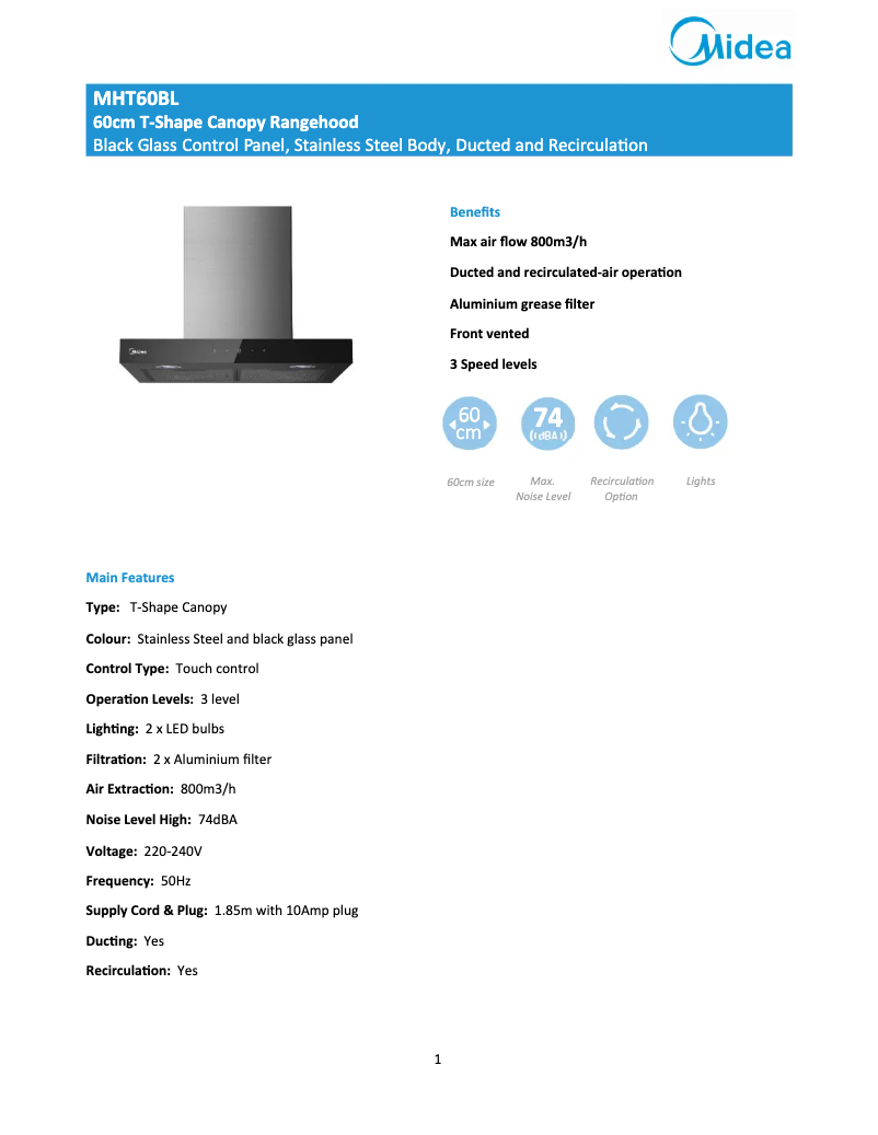 Page 1 of the manual Technical Sheet Midea MHT60BL