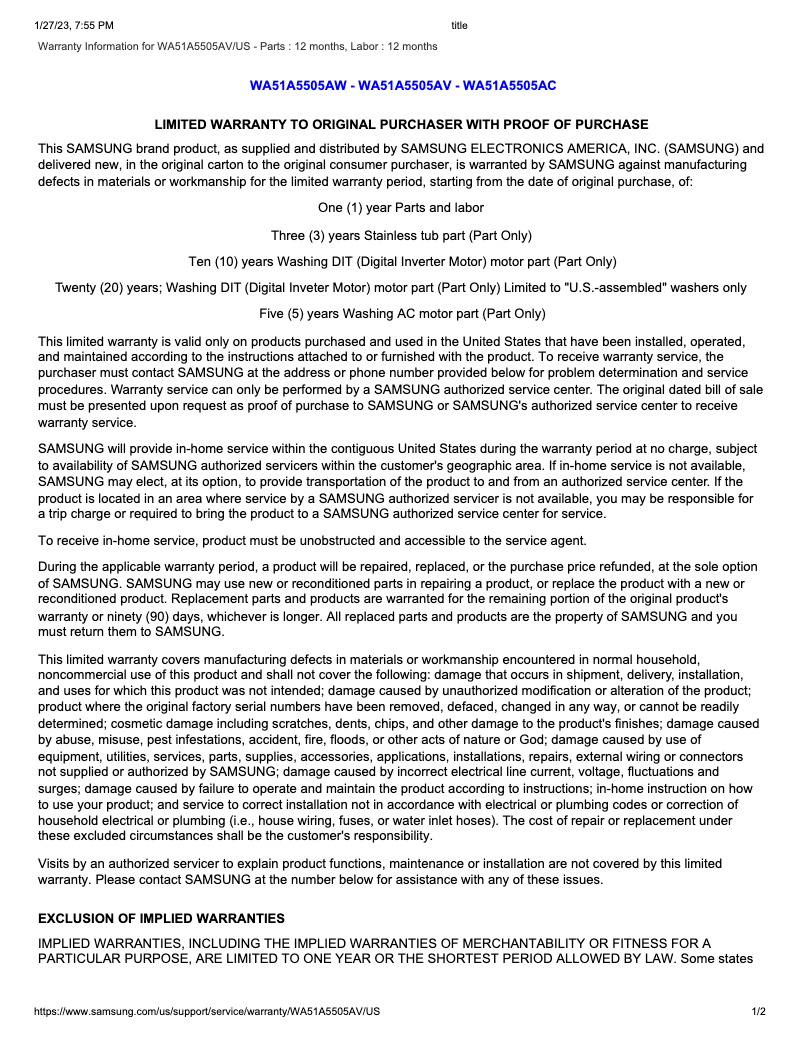 Page 1 of the manual Warranty Information Samsung WA51A5505AV