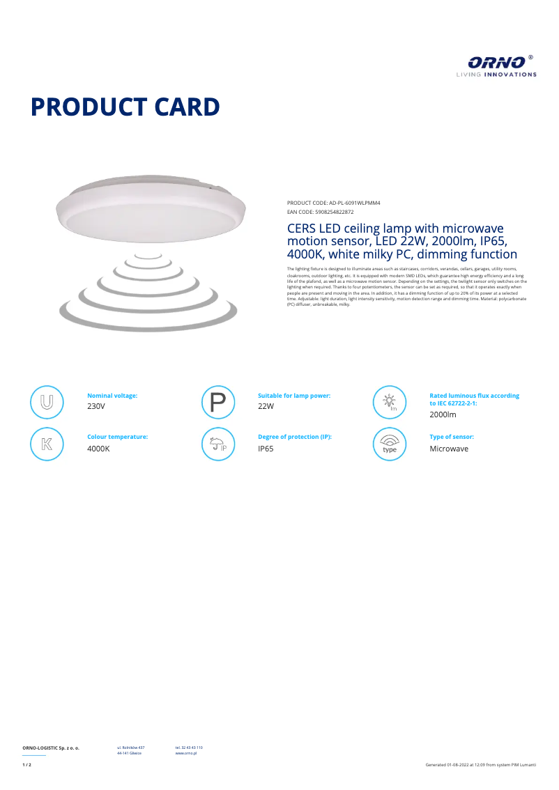 Page 1 of the manual Technical Sheet Adviti AD-PL-6091WLPMM4