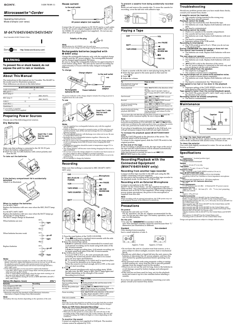 Page 1 of the manual User Manual Sony M-545V