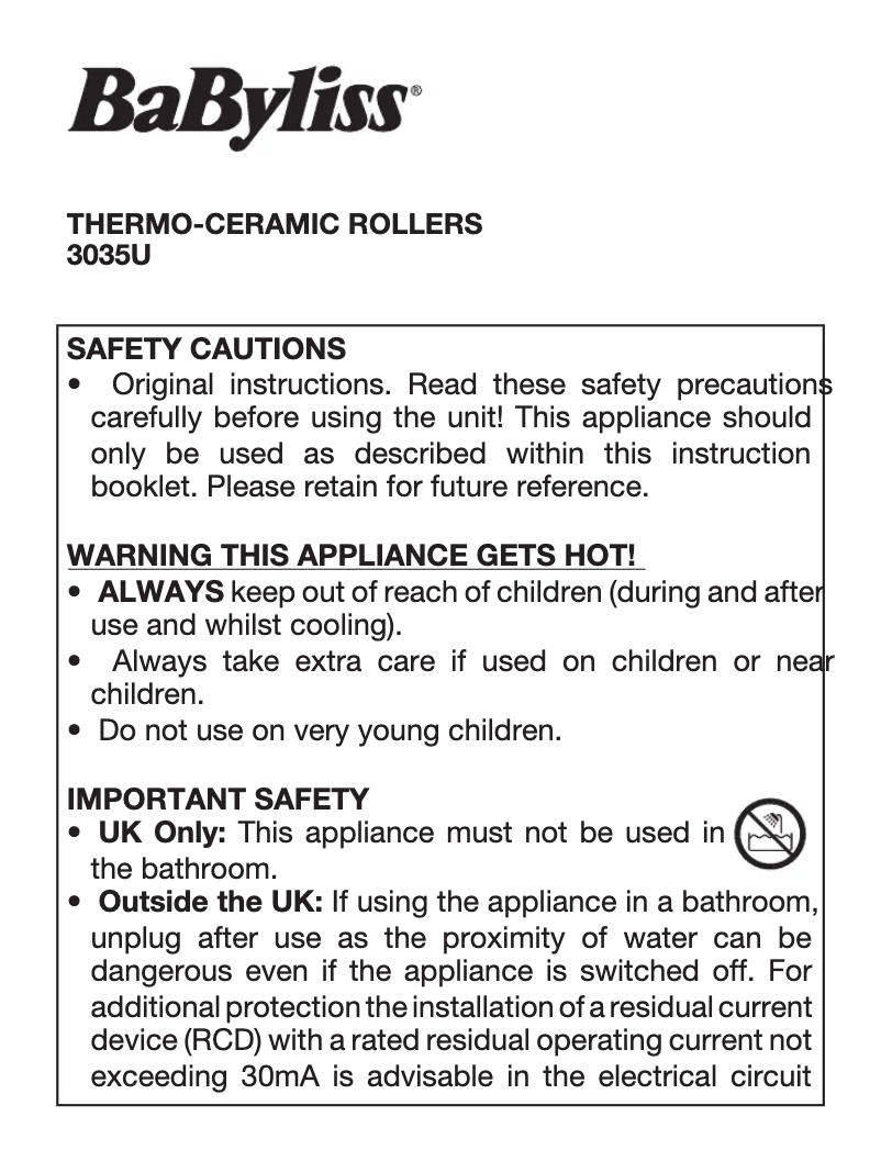 Page 1 of the manual User Manual BaByliss Thermo-Ceramic Rollers 3035U