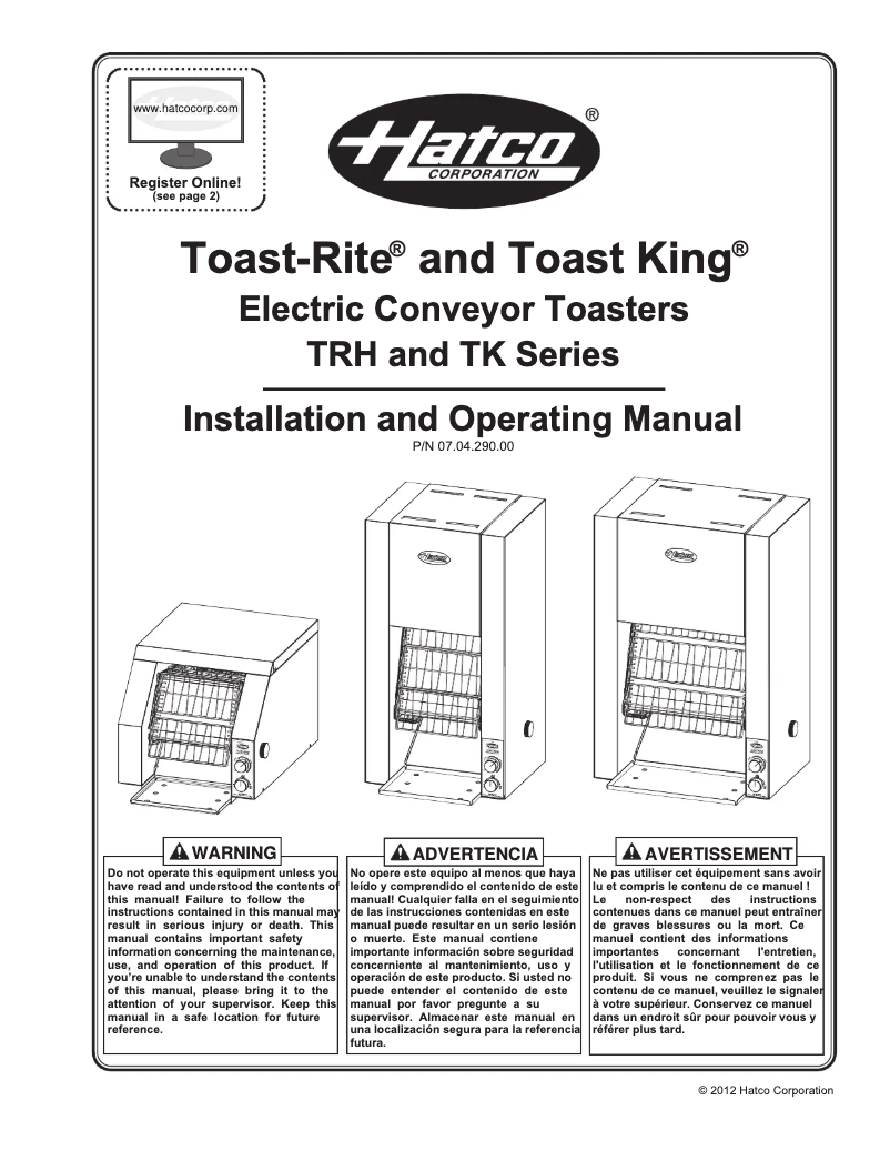 Page 1 of the manual User Manual Hatco Toast King TK-100