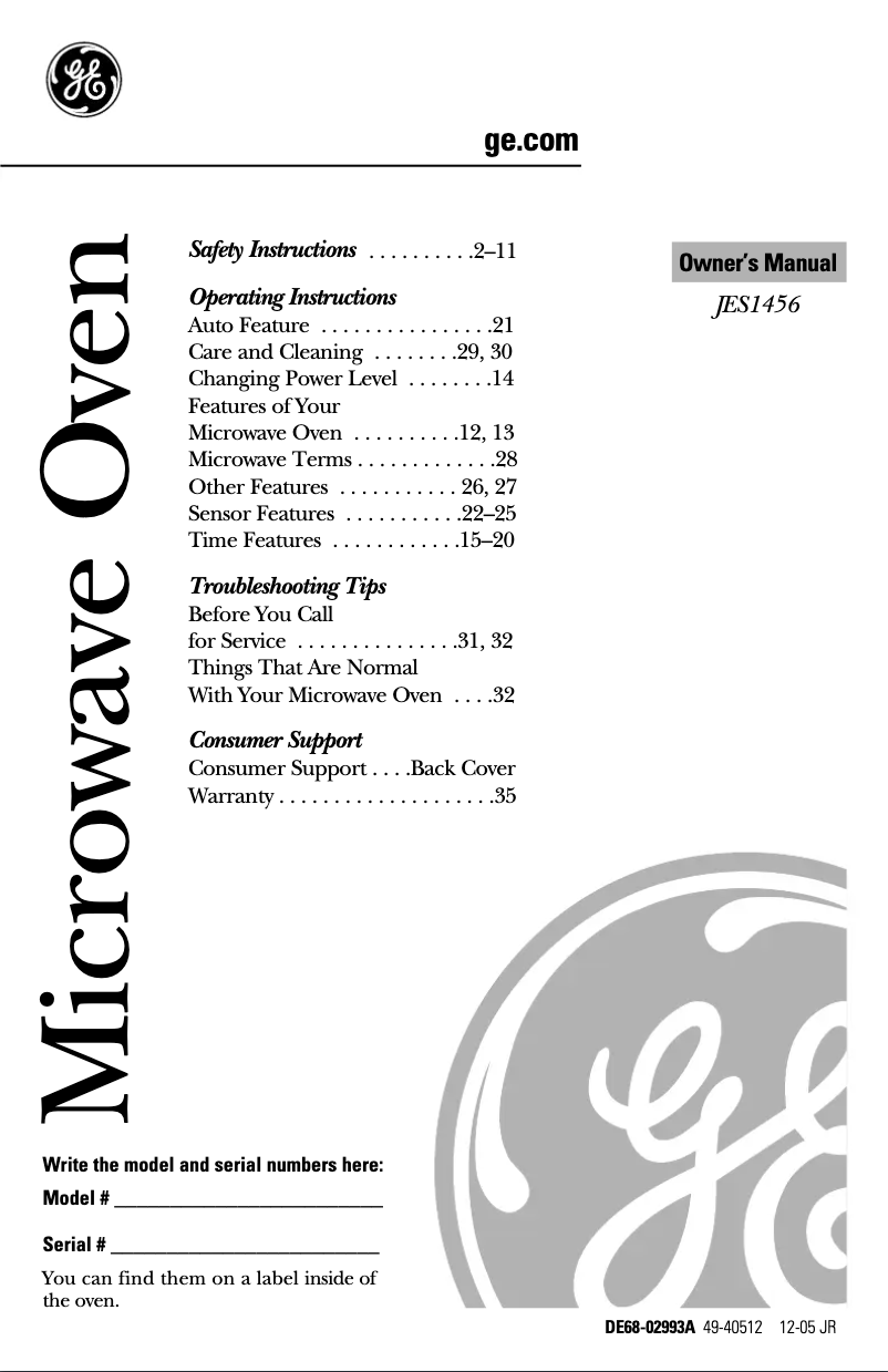 First page image of the manual for JES1456WJ