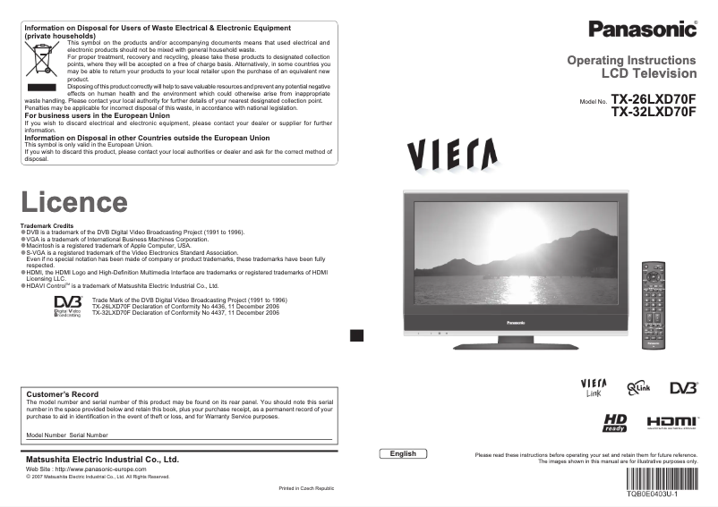 First page image of the manual for Viera TX-26LXD70F