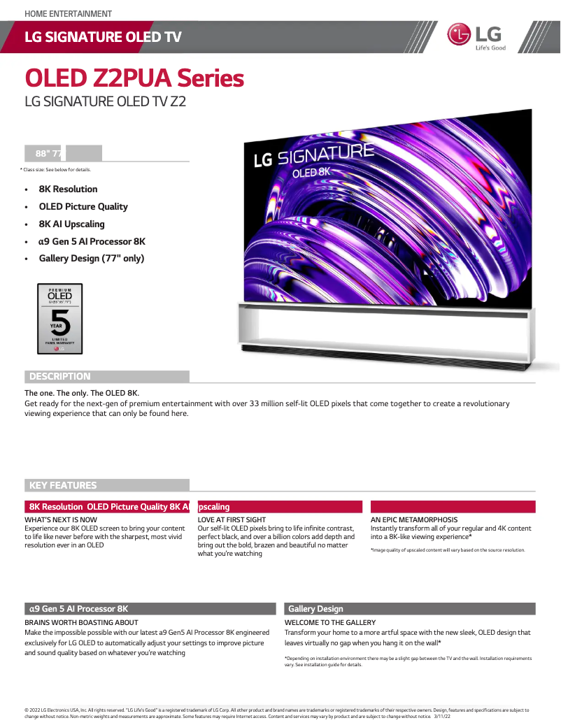 First page image of the manual for OLED77Z2PUA