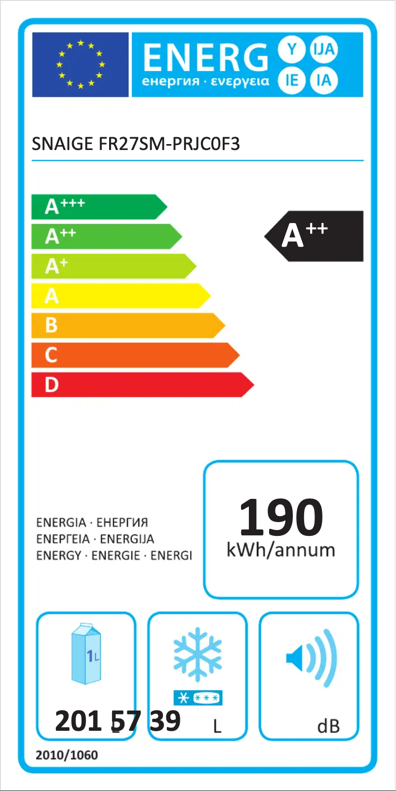 Page 1 of the manual Energy Label Snaigė Retro Copper FR27SM-PRJC0F3