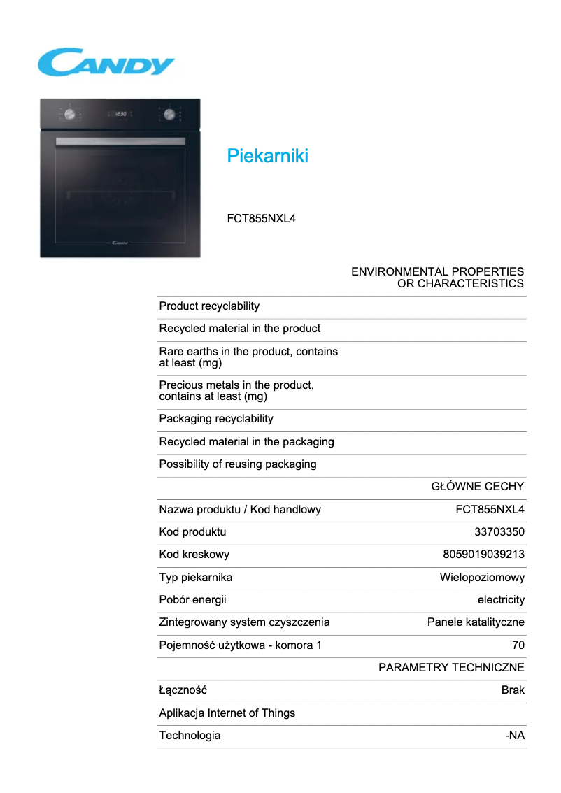 Page 1 of the manual Technical Sheet Candy FCT855NXL4