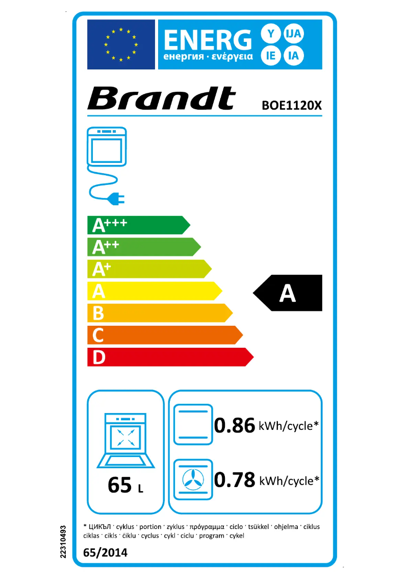 Page 1 of the manual Energy Label Brandt BOE1120X
